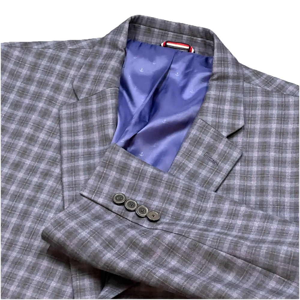 Tommy Hilfiger Men's Blazer Suit Jacket Plaid 2-Button 44L Plaid Check Blue EUC